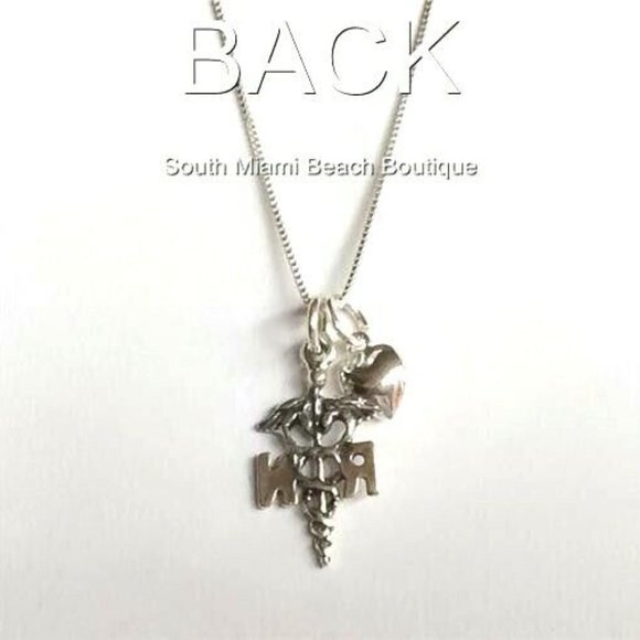 Nursing RN Caduceus Necklace Sterling Silver 925 Puff Heart Graduation Gift - Picture 7 of 12